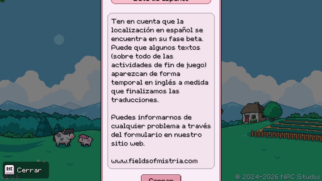 The notice announcing the Spanish beta doesn't fit its own panel: the heading and the Close button are cut off.